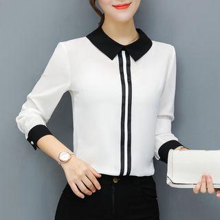 Color Panel Collared Chiffon Blouse