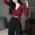 Wrapped V-neck Cropped Top / Wide Leg Pants