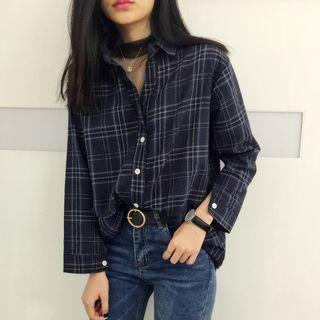 Mesh Panel Mock Two-piece Check Long-sleeve Shirt