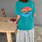 Printed Short-sleeve T-shirt / Floral Print Midi A-line Skirt