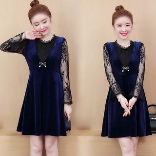 Set: Long-sleeve Lace Top + Sleeveless Velvet A-line Dress