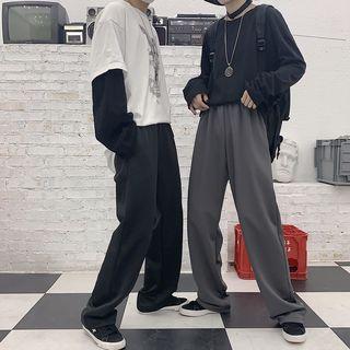 Elastic Waist Straight-cut Plain Pants