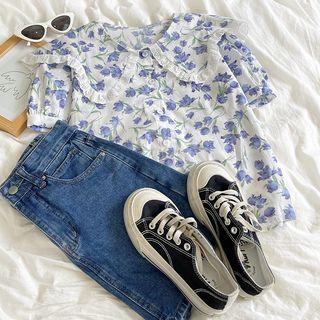 Puff-sleeve Floral Printed Peter Pan Collar Shirt