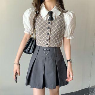 Short-sleeve Tie Neck Shirt / Plaid Vest / Mini A-line Skirt