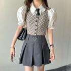 Short-sleeve Tie Neck Shirt / Plaid Vest / Mini A-line Skirt