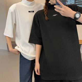 Mock-neck Short-sleeve Ribbed T-shirt