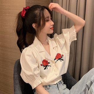 Puff-sleeve Floral Embroidery Shirt As Shown In Figure - One Size