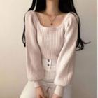 Puff Sleeve Square Neck Ribbed Knit Top