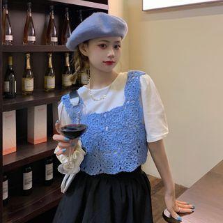 Short-sleeve Plain T-shirt / Crochet Crop Tank Top