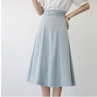Puff-sleeve V-neck Blouse / A-line Skirt