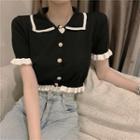 Collared Contrast Trim Short-sleeve Cropped Knit Cardigan