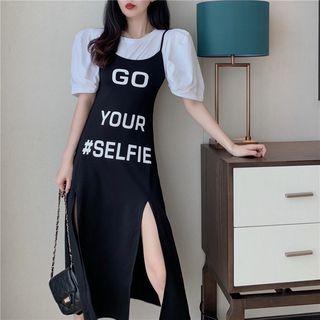 Puff-sleeve Top / Slit-side Lettering Spaghetti Strap Dress