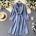 Lapel Lace Trim Puff-sleeve Dress