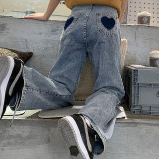 Heart Patch Washed Straight Leg Jeans