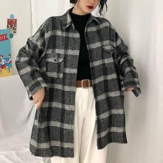 Plaid Long-sleeve Shirt Dark Gray - One Size