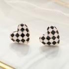 Checkerboard Heart Stud Earring 1 Pair - Earrings - S925 Silver - Checkerboard - Black & White - One Size