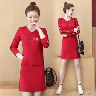 Letter Embroidered Striped Long-sleeve Mini A-line Dress