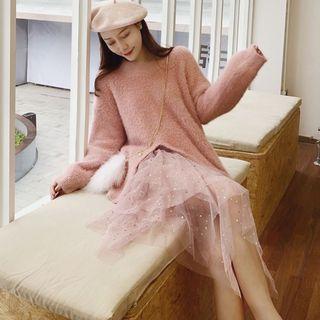 Cut Out Sweater / Star Sequined Midi Tiered Mesh Skirt