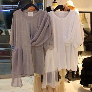 Elbow-sleeve Asymmetric Chiffon T-shirt