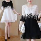 3/4-sleeve Lace Paneled A-line Chiffon Dress