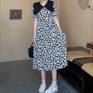 Short-sleeve Collared Floral A-line Midi Dress