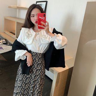 Plain Cardigan / Faux-pearl Long-sleeve Blouse / Floral Skirt