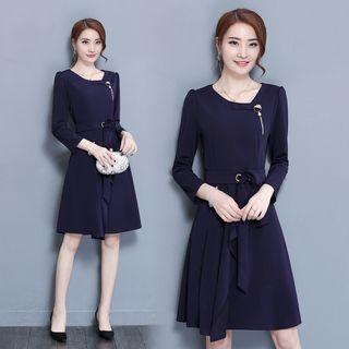 Bow Long-sleeved Crewneck Chiffon A-line Sheath Plain Slim Dress