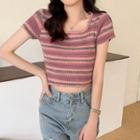 Short-sleeve Square Neck Striped Crop T-shirt