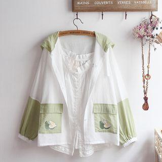 Zip-up Color Block Printed Jacket / Spaghetti Strap Top / Set