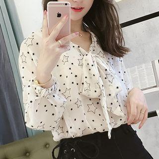 Star Pattern Tie-neck Chiffon Blouse