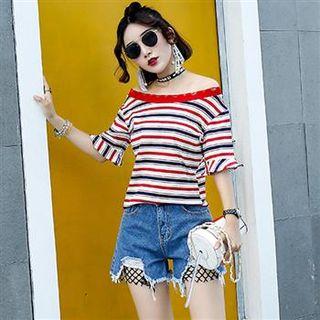 Off-shoulder Striped Top Red - One Size