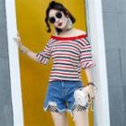 Off-shoulder Striped Top Red - One Size