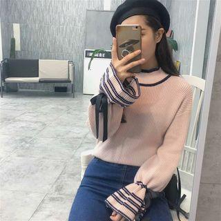 Mock-neck Color-block Loose-fit Bow-accent Sweater