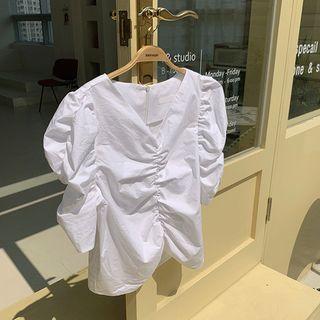 V-neck Puff-sleeve Shirred Blouse