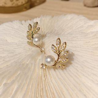 Rhinestone Leaf Faux Pearl Earring 1 Pair - Gold - One Size