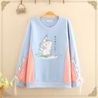 Cat Print Color-block Lace-up Fleece-lined Pullover