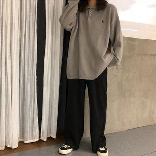 Long-sleeve Embroidered Polo Collar Knit Sweater