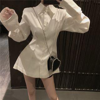Long-sleeve Drawstring Back Plain Shirt As Shown In Figure - One Size