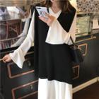 V-neck Knit Vest / Plain Long-sleeve Midi Dress