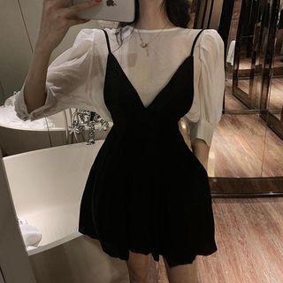 Puff-sleeve Plain Blouse / Spaghetti-strap Plain Dress