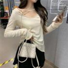 Long-sleeve Tie-neck Plain Top / High-waist Asymmetric Skirt