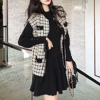 Knit Cardigan / Long-sleeve Plain Top + High-waist Pleated Skirt
