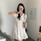 Puff-sleeve V-neck Drawstring A-line Mini Dress