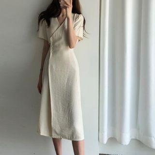 Short-sleeve Buttoned V-neck Midi Wrap Dress