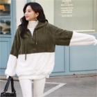 Two-tone Faux-fur Anorak Hoodie Khaki - One Size