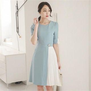 Color-block Pleated-trim A-line Dress