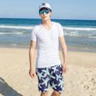 Couple Matching Print Swim Shorts / Plain T-shirt