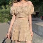 Off-shoulder Plaid Cropped Blouse / Mini A-line Skirt