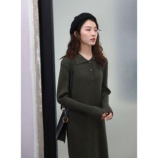 Ribbed Midi Polo Sweater Dress Dark Green - One Size