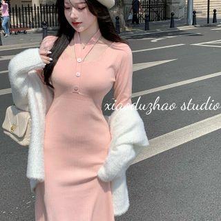 V-neck Plain Button-up Knit Skinny Dress